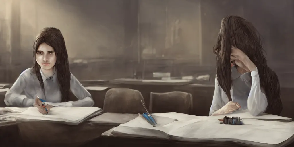 Prompt: an environmental concept art of a female student sitting at a desk, highly detailed, cinematic, dramatic lighting, close shot by francis tneh