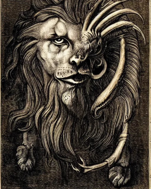 Prompt: a creature, human eyes, eagle beak, lion mane, two horns on the head, drawn by da vinci
