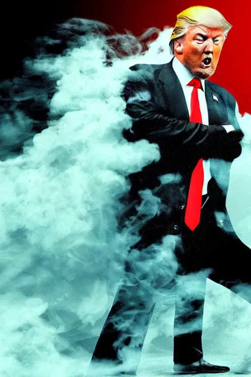 Prompt: detailed illustration, donald trump as a 1 9 8 0 s wrestling action figure, ultra realistic, dramatic lighting, thick black swirling smoke tornado, artstation