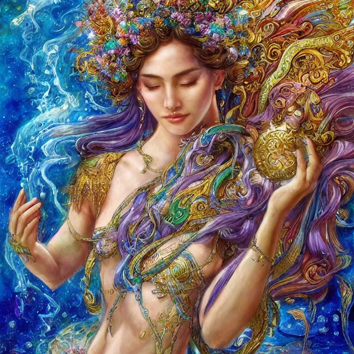 Image similar to goddess of water checking her phone, magic realism, art by josephine wall, art by huang guangjian, art by viktoria gavrilenko, art by amanda sage, trending on artstation