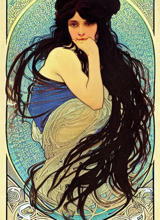 Prompt: portrait of an unkle blue moon with long black hair and beard, by alphonse mucha