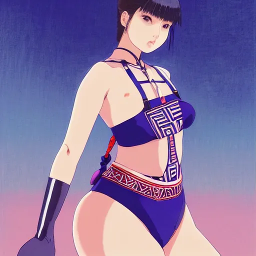 Image similar to a beautiful plus sized model japanese natalie portman, alluring plus sized model, wearing mayan leotard with elegant mayan apron overalls, street fashion hip hop style with mayan patterns, aztec street fashion, gapmoe yandere grimdark, trending on pixiv fanbox, painted by greg rutkowski makoto shinkai takashi takeuchi studio ghibli, akihiko yoshida