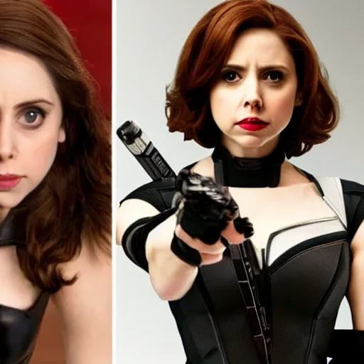 Image similar to alison brie as black widow, intricate, elegant, highly detailed, richard schmid