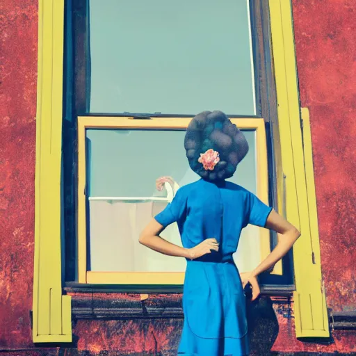 Prompt: giant flower head, girl standing by 1 9 6 0 window, surreal photography, symmetry, mid century, flat light, bright colours, blue sky, realistic, wes anderson