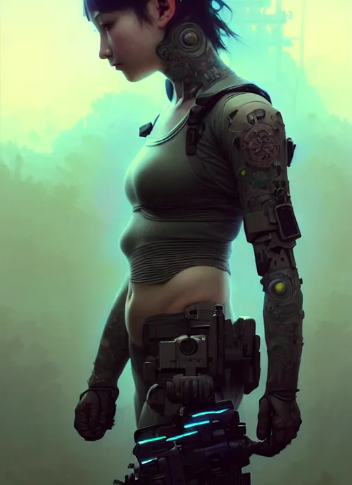 Image similar to girl covered with tattoos wearing tactical gear, intricate lights, bio luminescent, plasma, by ruan jia and artgerm and range murata and wlop and ross tran and william - adolphe bouguereau and beeple. key art. fantasy illustration. award winning, artstation, intricate details, realistic, hyperdetailed, 8 k resolution.