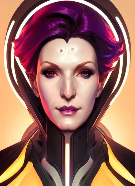 Prompt: symmetry portrait of moira from overwatch, sci - fi, tech wear, glowing lights intricate, elegant, highly detailed, digital painting, artstation, concept art, smooth, sharp focus, illustration, art by artgerm and greg rutkowski and alphonse mucha