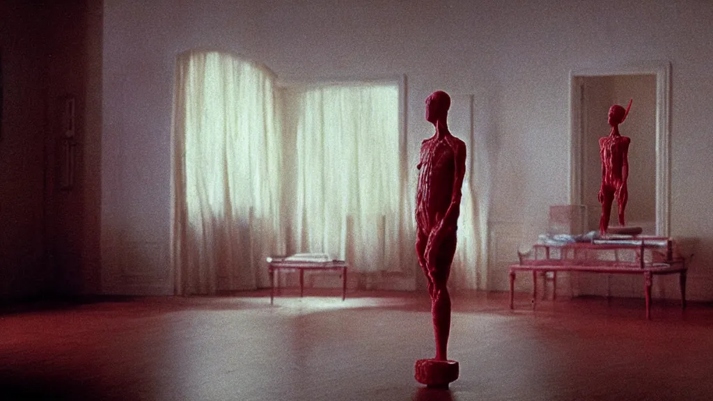 Image similar to a strange creature made of wax and water in the living room, film still from the movie directed by Wes Anderson with art direction by Zdzisław Beksiński, wide lens