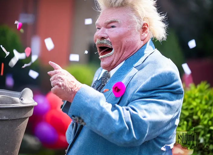 Prompt: photo still of rip taylor at a funeral service outside!!!!!!!! at age 5 4 years old 5 4 years of age!!!!!!! throwing confetti from a bucket, 8 k, 8 5 mm f 1. 8, studio lighting, rim light, right side key light