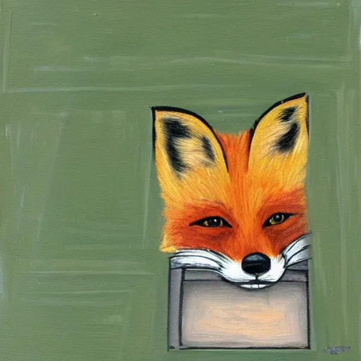 Image similar to a fox hiding inside a box, painting