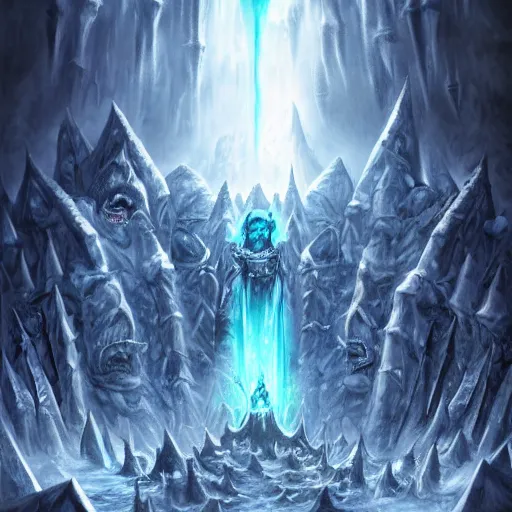 Prompt: vast ice dungeon, arthas the lich king, undead army, warcraft, warcraft artwork, mixed art, cinematic light, majestic, hyperrealistic, hyper detailed, dark fantasy, gritty