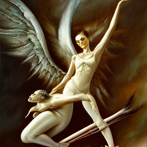 Prompt: a stunning oil painting of a ballerina angel spearing a ballerina demon in an epic battle by h. r. giger