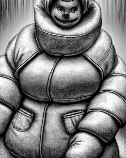 Prompt: hdr monochrome portrait of the michelin man being arrested, intricate, accurate facial details, volumetric lighting