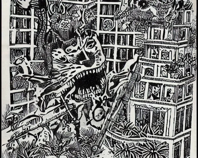 Prompt: surreal b & w nightmarish garden las pozas, mayan jaguar warrior, ink by frank miller and jose guadalupe posada, crayon and cut up, punk fanzine 1 9 6 7