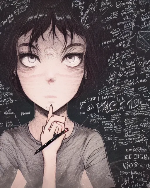 Image similar to a girl writing on a chalkboard, full shot, visible face, ambient lighting, detailed, art by ayami kojima, makoto shinkai, kilian eng