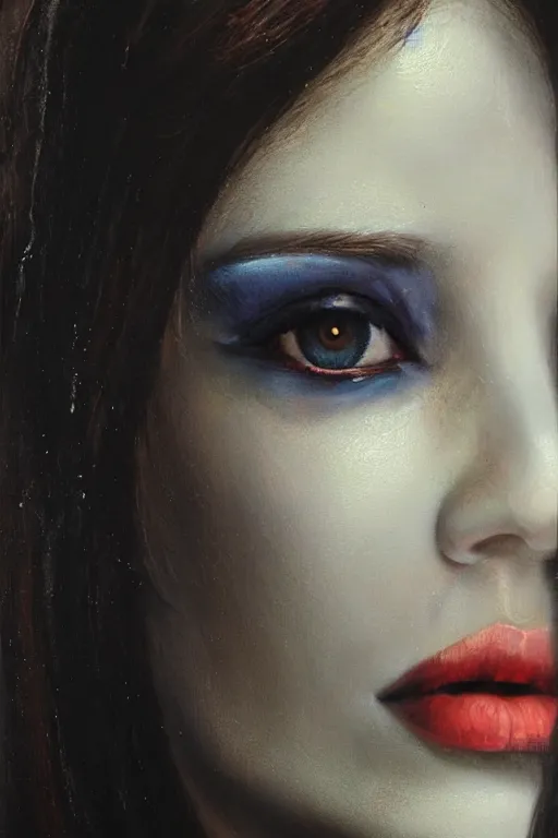 Image similar to hyperrealism oil painting, close - up portrait of european medieval brunette vampire fashion model, knight, steel gradient mixed with nebula sky, in style of baroque