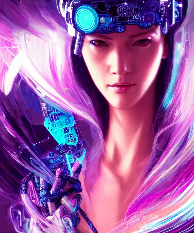 Image similar to beautiful adult woman wearing netrunner clothing, extremely detailed face, cyberpunk, cybernetic, cyborg, vaporwave aesthetic, synthwave, flowing hair, colorful, psychedelic, intricate, elegant, highly detailed, digital painting, artstation, concept art, smooth, sharp focus, illustration, art by artgerm and greg rutkowski and alphonse mucha