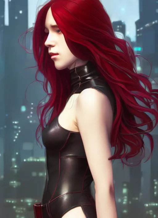 Prompt: pretty young woman with shoulder length shiny shimmering dark red hair and wearing leather suit, cyberpunk setting, path traced, highly detailed, high quality, digital painting, by studio ghibli and alphonse mucha, leesha hannigan, makoto shinkai, disney