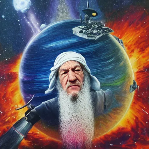 Image similar to painting of ian mckellen as osama bin laden fighting an alien invasion in deep space by creatures from jupiter, arial shot, highly detailed, award painting, 8 k, alien landscape