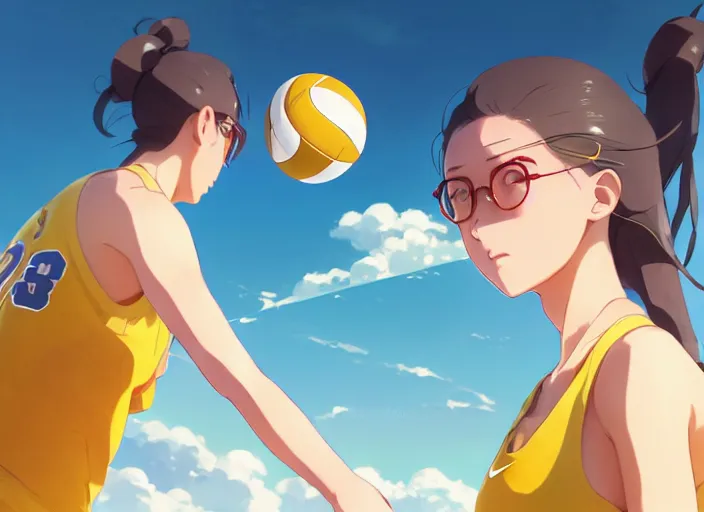 Prompt: side portrait of cute high school girl playing beach volley, sunny sky background stadium landscape illustration concept art anime key visual trending pixiv fanbox by wlop and greg rutkowski and makoto shinkai and studio ghibli and kyoto animation, symmetrical facial features, sports clothing, yellow carrera glasses, nike shirt, backlit, hair pin