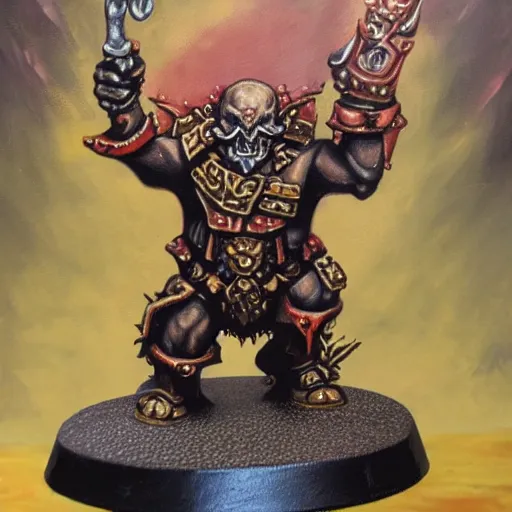 Image similar to chaos dwarf smith in the style of warhammer fantasy : : head and torso oil painting