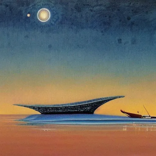 Image similar to a beautiful painting of a space boat floating on a great lake by moebius