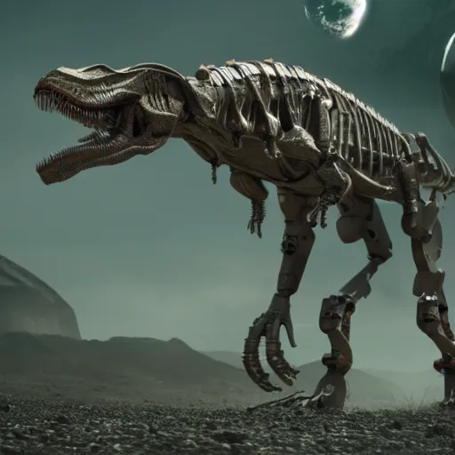 Image similar to still of a cyborg T-Rex on an alien planet, ruby eyes, robotic extended arms, 4k, film grain, 85mm