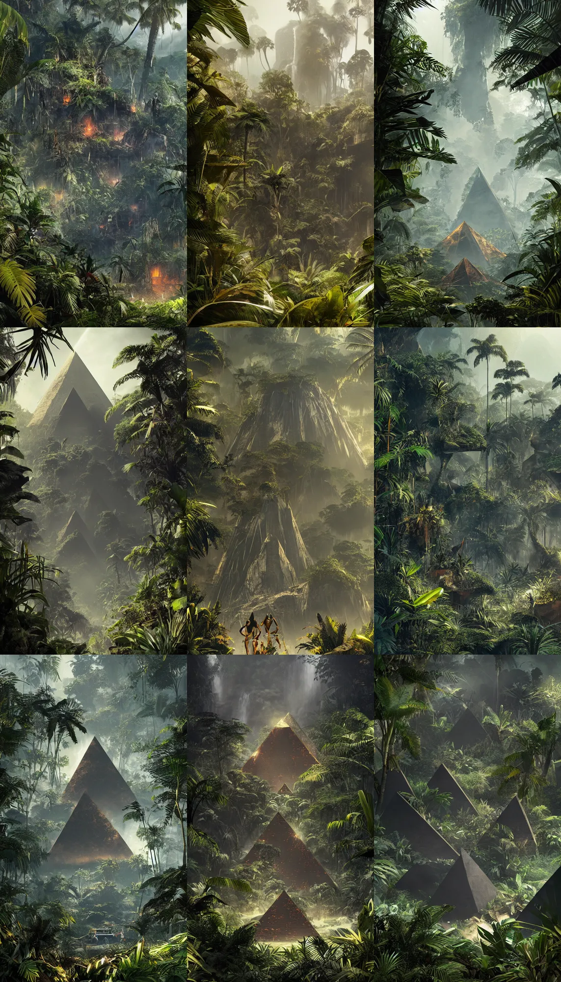 Prompt: black pyramid in the jungle, plants environment, wide angle, cinematic lighting, atmospheric, realistic, octane render, highly detailed, in the style of craig mullins