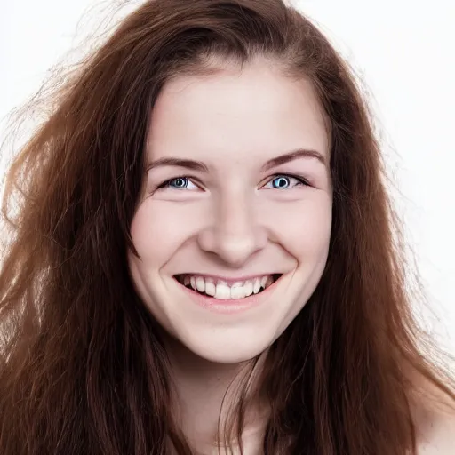 Image similar to woman from scandinavia, 2 0 years old, smiling and looking directly at the camera, dslr, portrait photo, white background, leibowitz