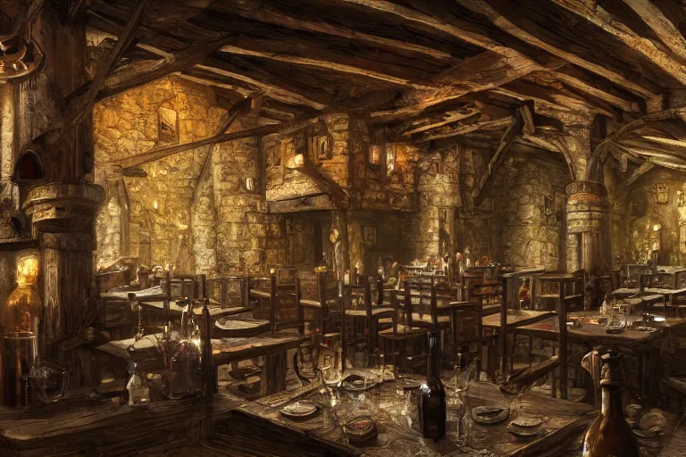 Image similar to A medieval tavern viewed from the inside, texture, intricate, details, highly detailed, masterpiece, architecture, building, trending on artstation, focus, sharp focus, concept art, digital painting, fantasy, sunny, day, midday