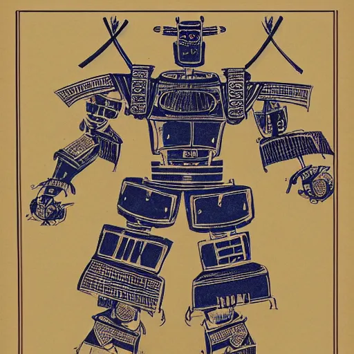 Image similar to blueprint of a robot samurai