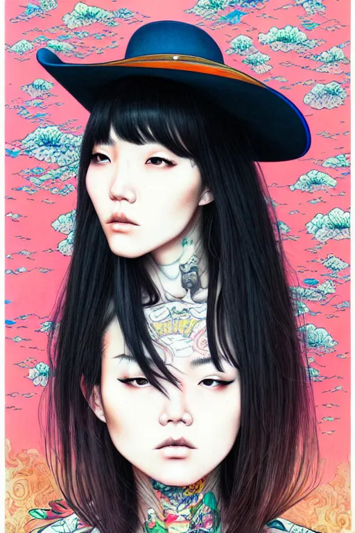 Prompt: full view of taiwanese girl with tattoos, wearing a cowboy hat, style of yoshii chie and hikari shimoda and martine johanna, highly detailed