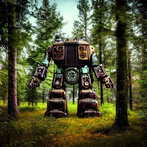 Image similar to steampunk colossal mech robot travels across a swedish forest very low angle photograph trending on artstation