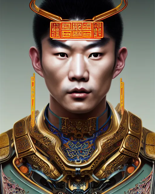 Image similar to portrait of a chinese masculine male cyberpunk machine, machine face, upper half portrait, decorated with chinese opera motifs, muscular, asian, fine china, wuxia, traditional chinese art intricate intense elegant 京 剧 highly detailed digital painting artstation concept art smooth sharp focus illustration, art by artgerm and greg rutkowski alphonse mucha 8 k