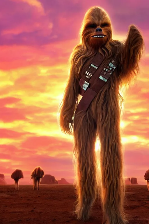 Prompt: Chewbacca standing in a hilly desert surrounded by large pink flamingos, sunset, light shines down through the clouds, jet planes fly, contrails, overhead, nature documentary, imax, digital art, still from star wars, highly detailed, directed by ridley scott