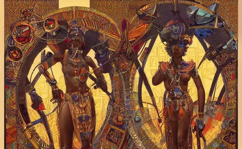 Image similar to a retro futuristic african tribal chief, art by joseph christian leyendecker, design blocking by drew struzan and alphonso mucha, highly detailed, digital painting, concept art, smooth sharp focus, intricate, symmetry,