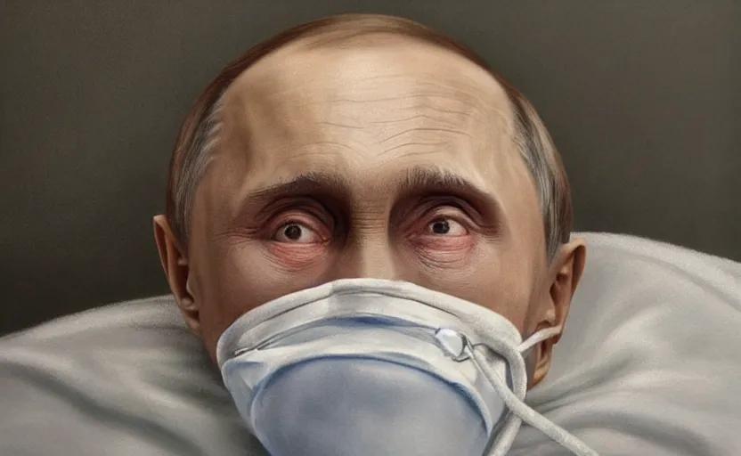 Image similar to hyperrealistic painting of very ill Vladimir Putin as a patient wearing an oxygen mask on a death bed inhaling from Copium tank that stand near his bed, stunning 3d render inspired art by Tim Okamura and Lise Deharme, perfect facial symmetry, dim volumetric lighting, 8k octane beautifully detailed render, post-processing, extremely hyperdetailed, intricate, epic composition, grim yet sparkling atmosphere, cinematic lighting + masterpiece, trending on artstation, very very detailed, masterpiece, stunning