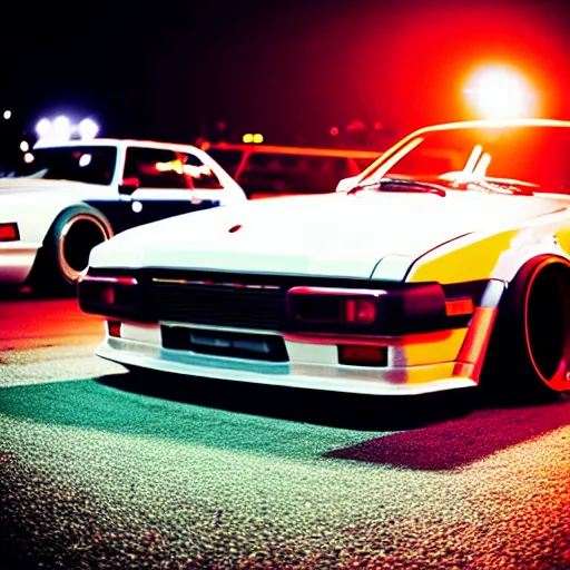 Image similar to a car S30 turbo drift at illegal car meet, shibuya prefecture, sunset night mist lights, cinematic color, photorealistic, highly detailed wheels, highly detailed