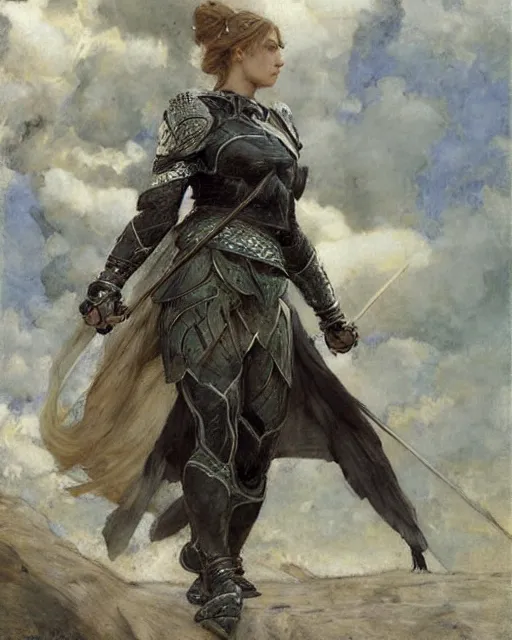 Image similar to a beautiful and strong female warrior by Edgar Maxence, Ross Tran and Jules Bastien-Lepage and Laura Sava