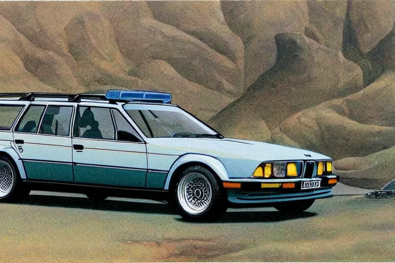 Image similar to intricate, 3 d, 1 9 8 4 bmw m 1 estate wagon, style by caspar david friedrich and wayne barlowe and ted nasmith.