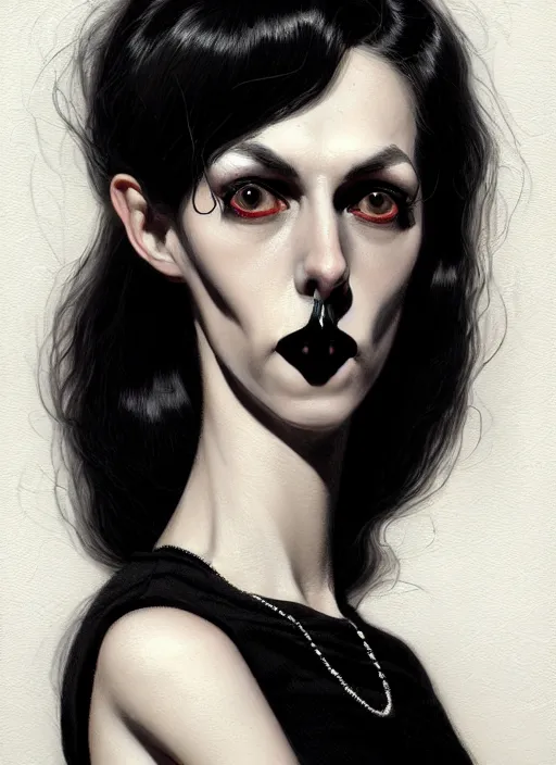 Image similar to portrait of a lanky woman with a crooked nose and a confident expression, 1 9 6 0 s, black clothes, goth, punk, funk, intricate, elegant, highly detailed, digital painting, artstation, concept art, smooth, sharp focus, illustration, art by wlop, mars ravelo and greg rutkowski