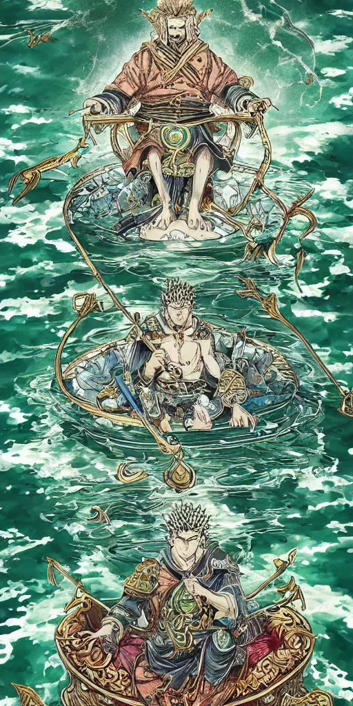 Image similar to a lone emperor sitting on a emerald throne floating on water in the middle of a lake drawn by Makoto Yukimura in the style of Vinland saga anime, full color, detailed, psychedelic, Authority