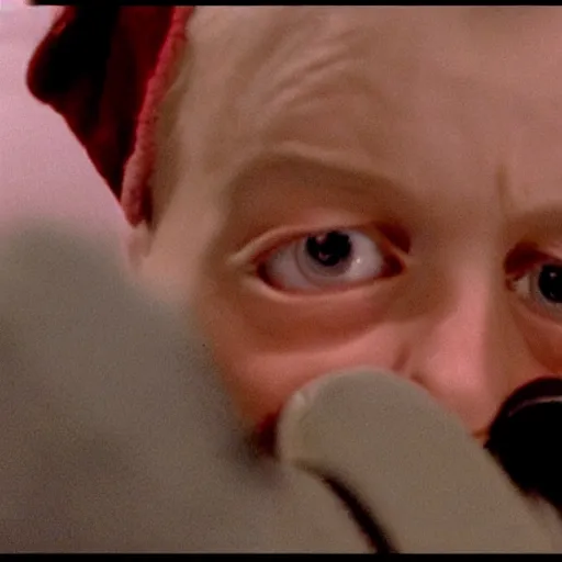 Prompt: kevin from home alone movie pointing gun at his head 4k still shot from