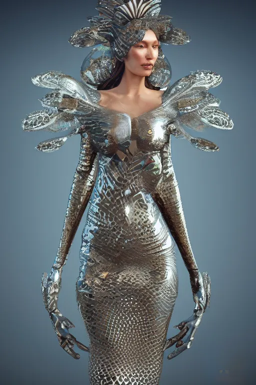 Image similar to a highly detailed portrait of a beautiful alien goddess bella hadid in iris van herpen dress schiaparelli in diamonds in style of alphonse mucha art nuvo trending on artstation made in unreal engine 4