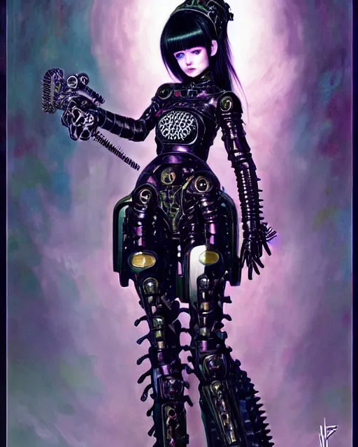 Image similar to portrait of beautiful cute goth girl in warhammer mechanical armor, art by kuvshinov ilya and wayne barlowe and gustav klimt and artgerm and wlop