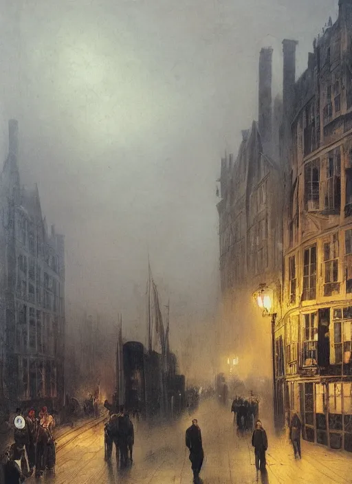 Prompt: 1 9 th century london, dark, shady alleys, pub, pub sign, thick fog, coherent composition, art by caspar david friedrich, thomas lawrence, john martin