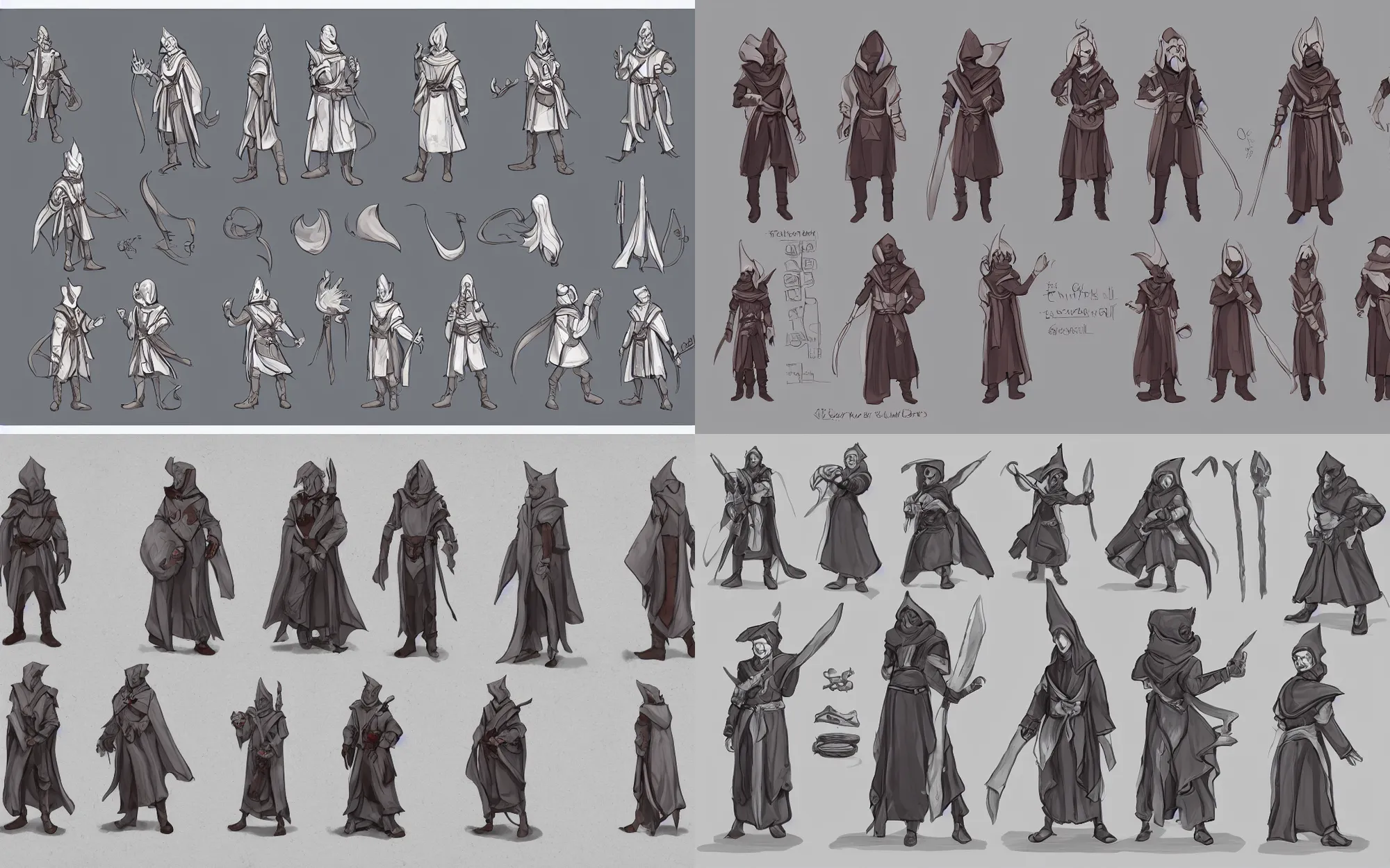 Prompt: traditional character design sheet, clean concept art of a male magic wizard, potions, belt, robes, hood, artsation, 8k,