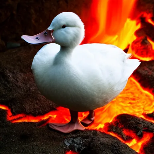 Image similar to a white duck, standing by molten lava