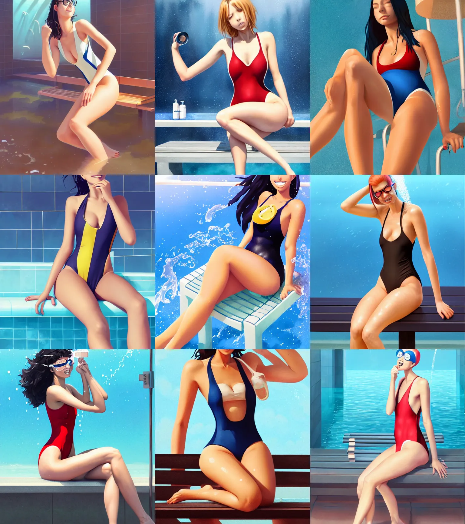 Prompt: attractive scientist girl in the closed one-piece swimsuit monokini, sitting at the bench in the pool shower, hourglass slim figure, juicy legs, visible stomach, thigh focus, full body shot close up, seductive smile, looking at the viewer, details, sharp focus, illustration, by Jordan Grimmer and greg rutkowski, Trending artstation, pixiv, digital Art