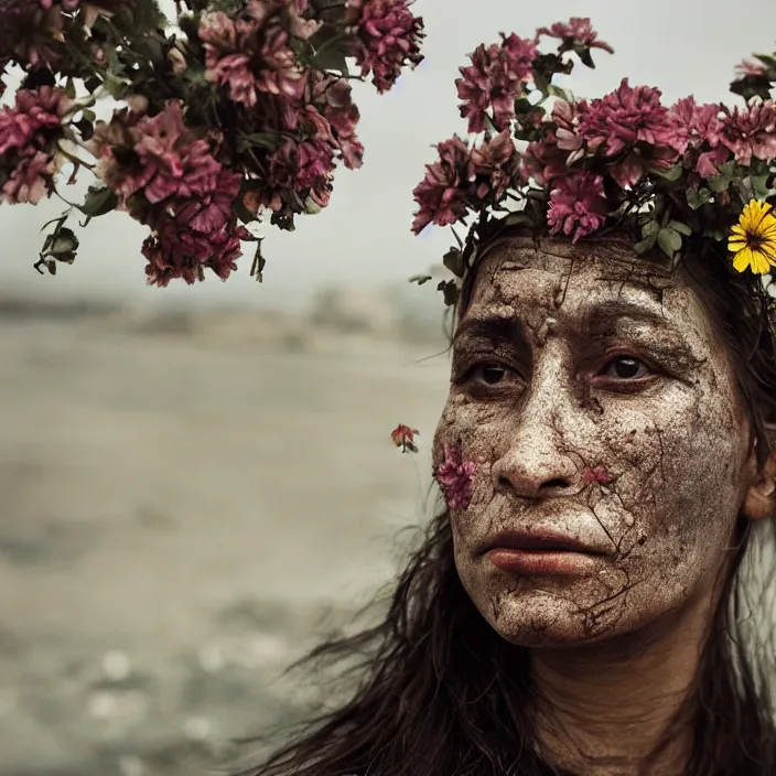 Image similar to closeup portrait of a woman with flowers growing out of her face, standing in a desolate apocalyptic city, by Annie Leibovitz and Steve McCurry, natural light, detailed face, CANON Eos C300, ƒ1.8, 35mm, 8K, medium-format print