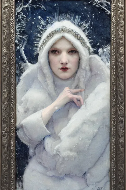 Prompt: goth queen of winter in the snow by Annie Swynnerton and Nicholas Roerich, strong dramatic cinematic lighting , ornate headdress , flowing robes, lost civilizations, smooth, sharp focus, extremely detailed